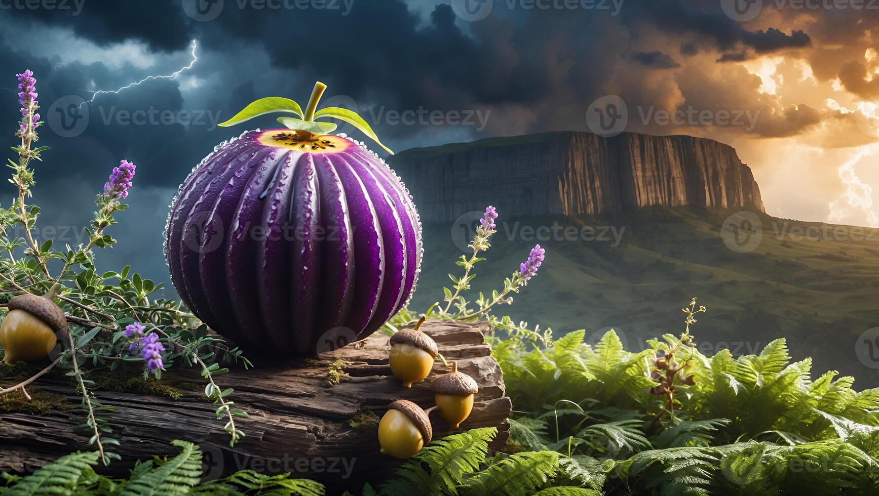 Purple Fruit with Acorns on Log Landscape with Stormy Sky photo