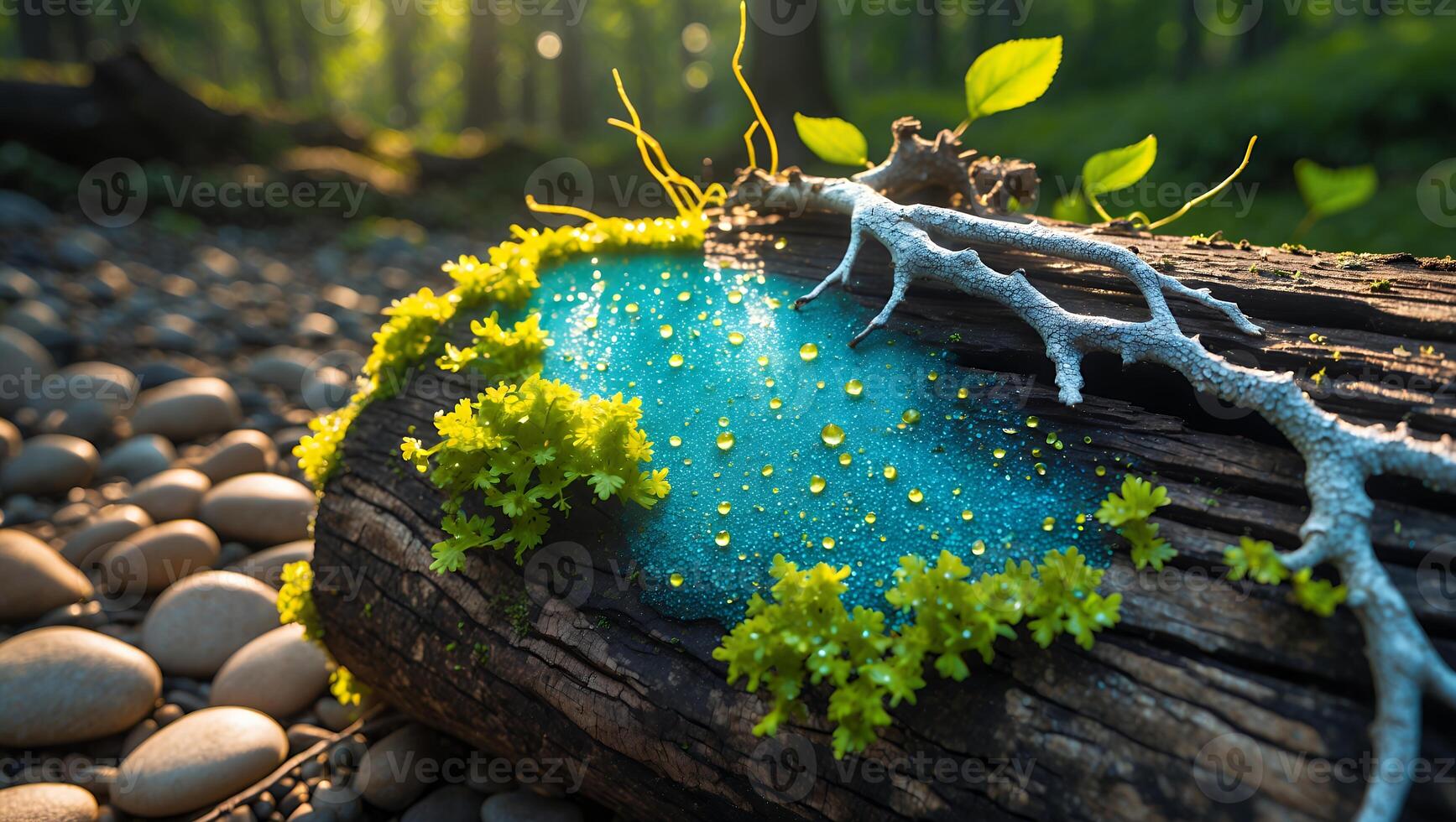Mossy Log with Blue Sap and Droplets in Natural Forest Setting photo