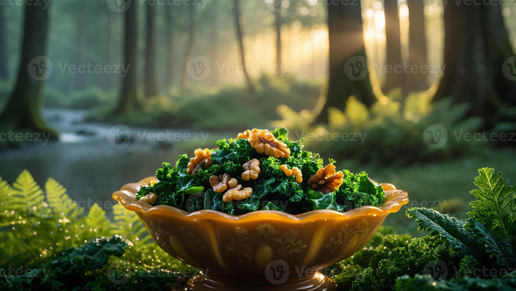 Kale Salad with Walnuts in Forest Setting at Sunrise photo