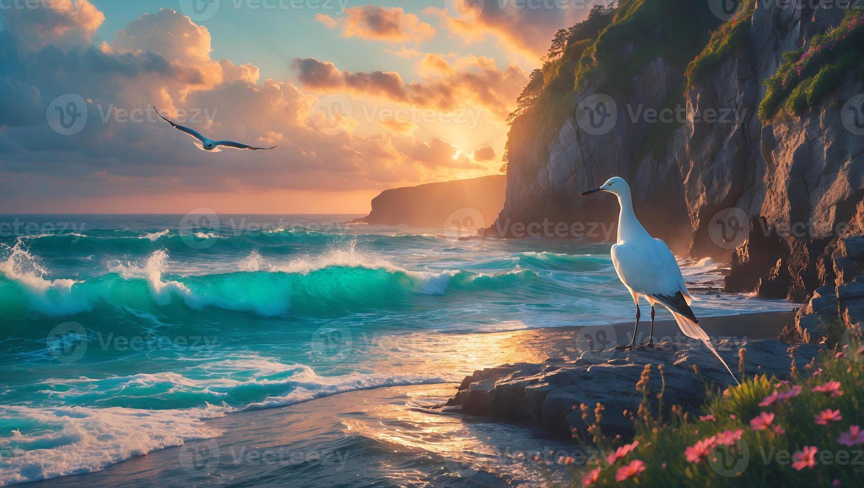 Bird Watching Ocean Waves at Sunset Over the Cliff Side photo