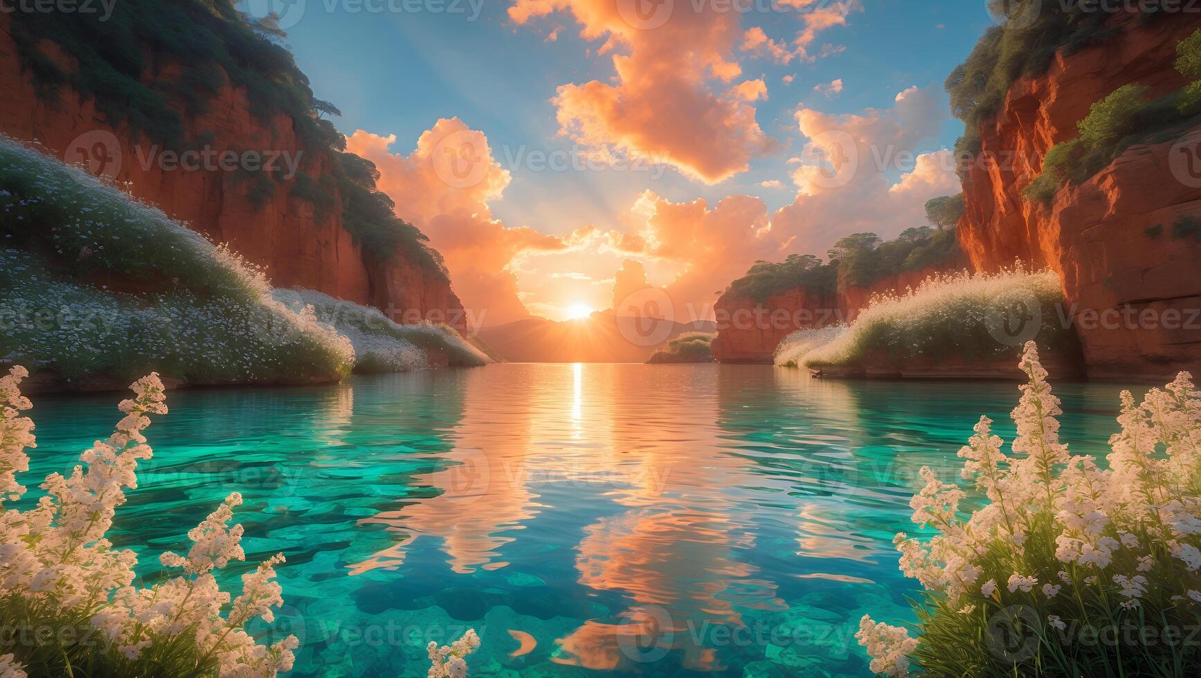Reflecting Lake Scene with Mountain Cliffs and Colorful Sunset View photo