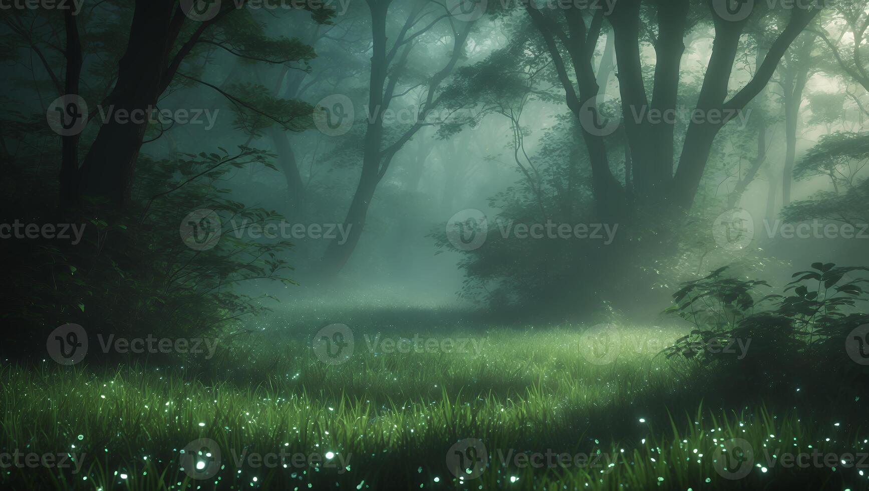 Misty Forest Scene with Glistening Grass and Peaceful Atmosphere photo