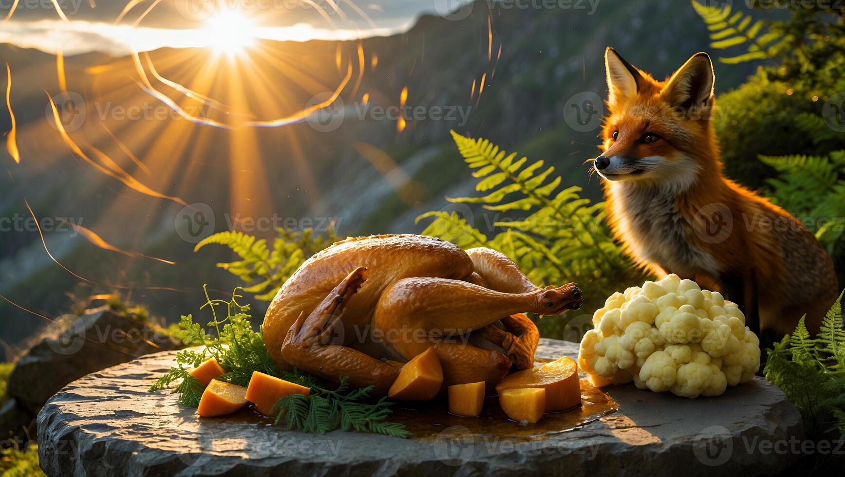 Roasted Chicken with Fox in Mountain Setting with Ferns at Sunset photo