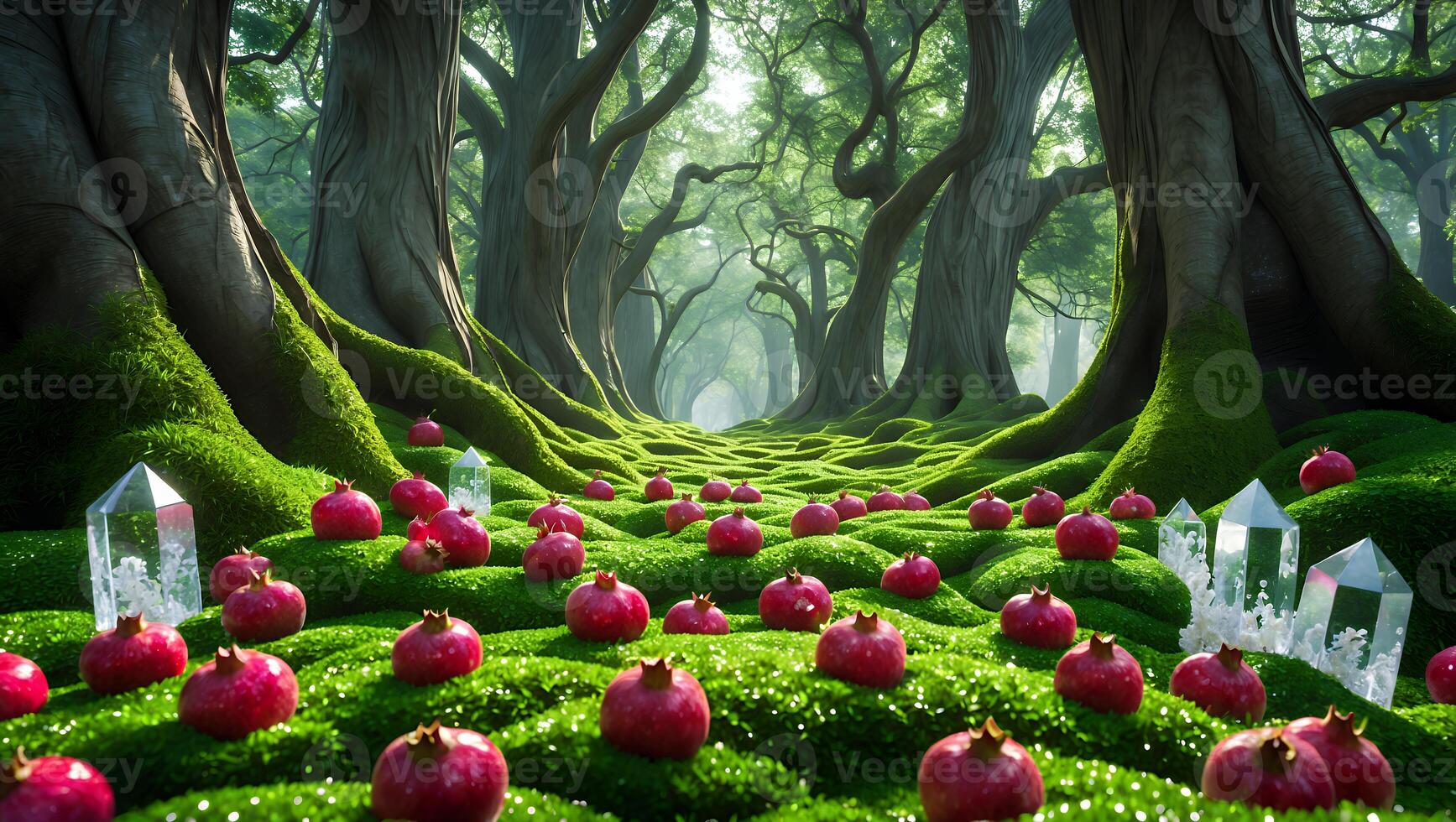 Pomegranates and Crystals Scattered on Mossy Forest Floor Scenery photo