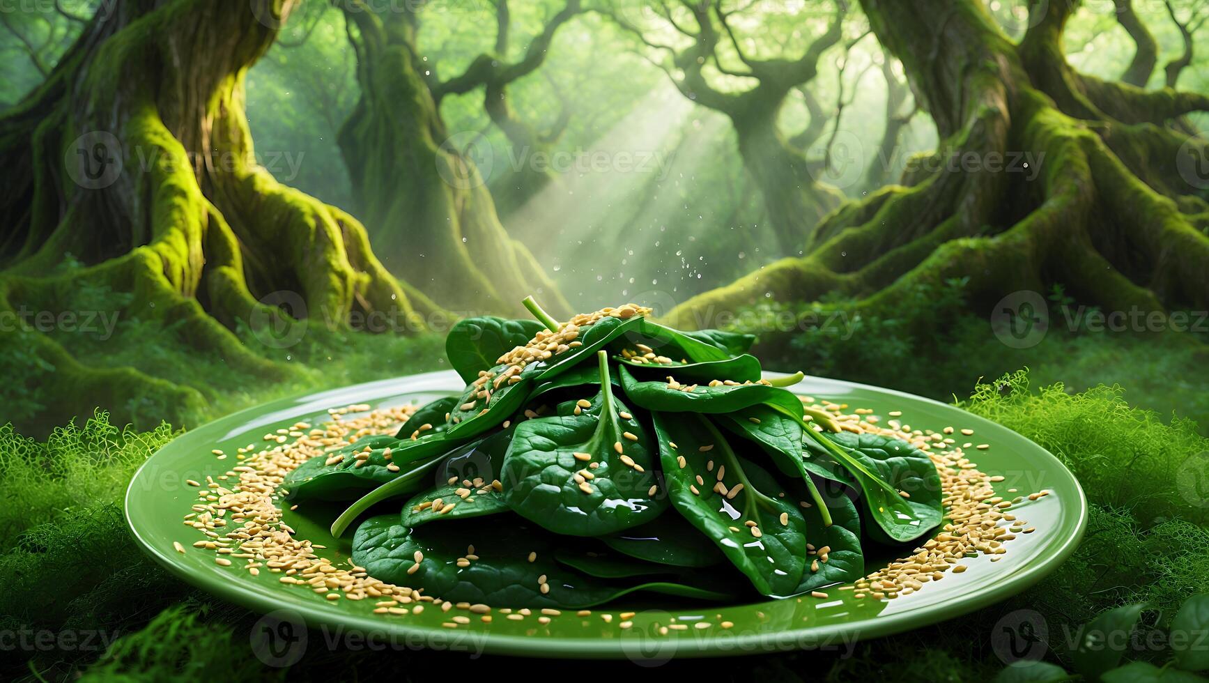 Spinach Salad with Sesame Seeds on Plate in Fantasy Forest photo