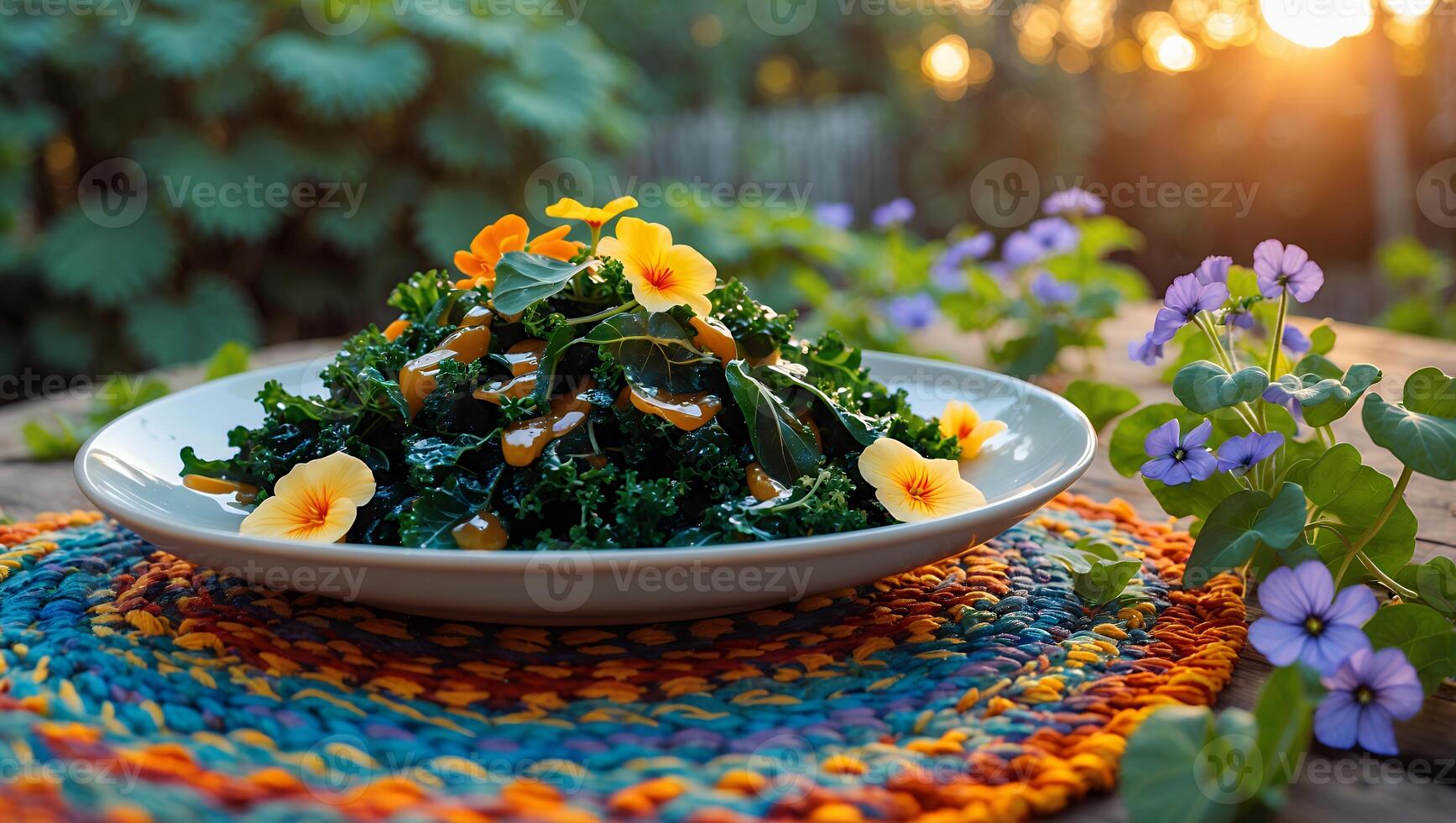 Kale Salad with Edible Flowers and Dressing on Rustic Table photo