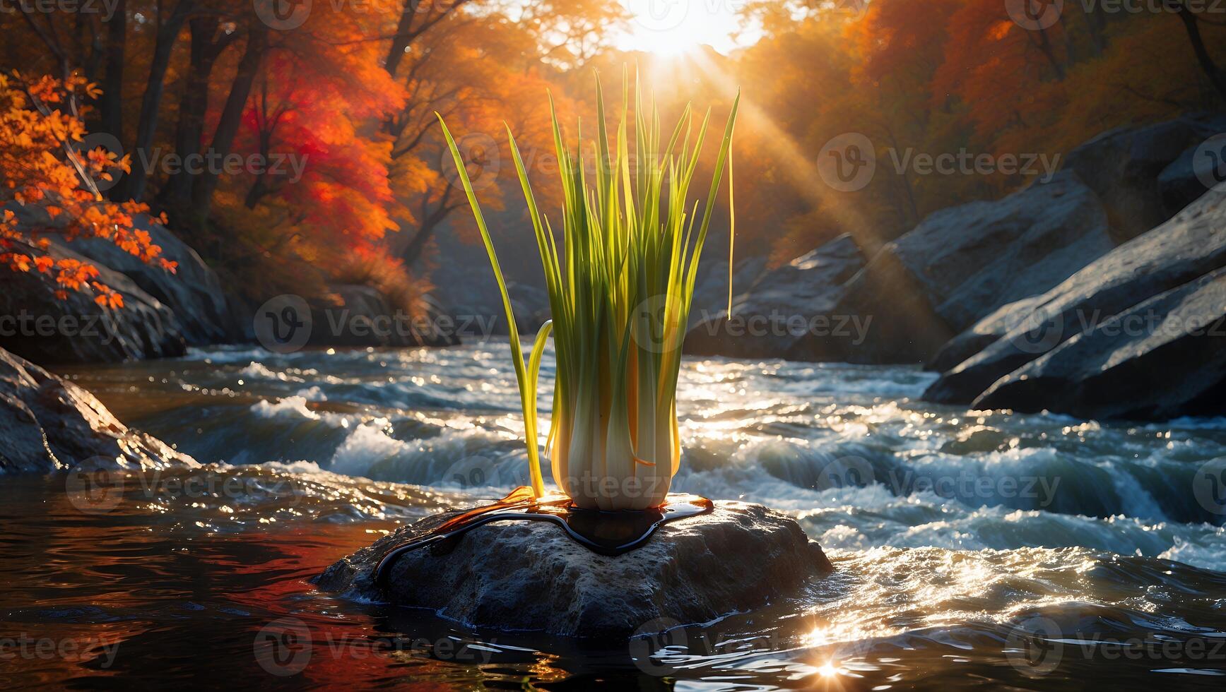 Grasses Grow on Rock in River with Autumn Forest Backdrop photo