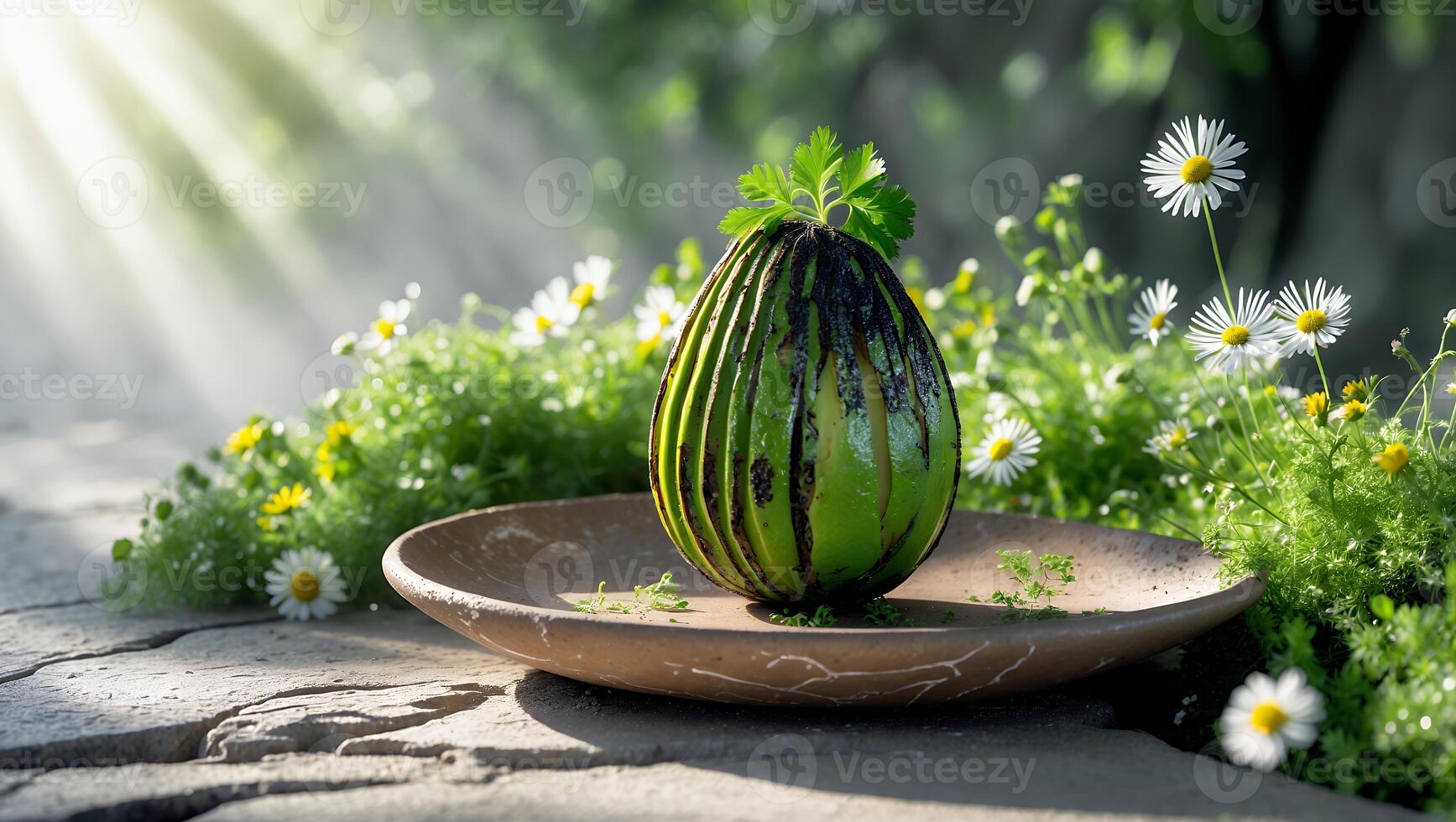 Grilled Avocado Displayed on Plate Surrounded by Daisies in Garden photo