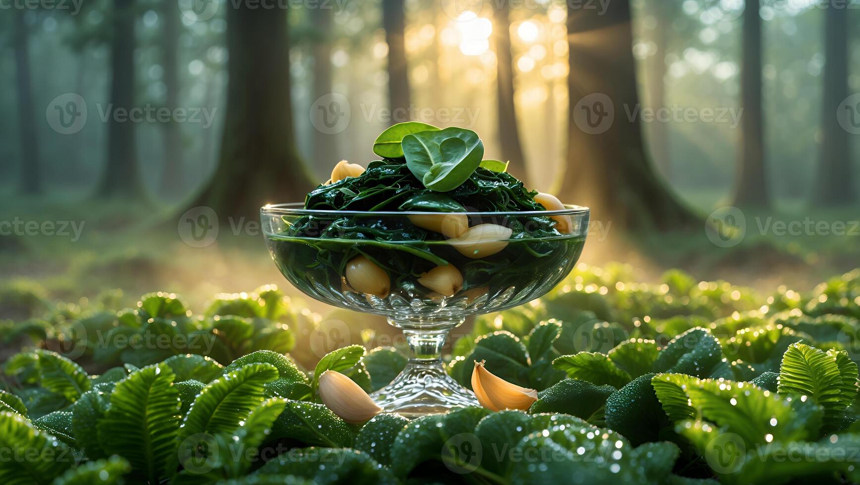 Serving Spinach and Garlic in Glass Bowl with Forest Backdrop photo