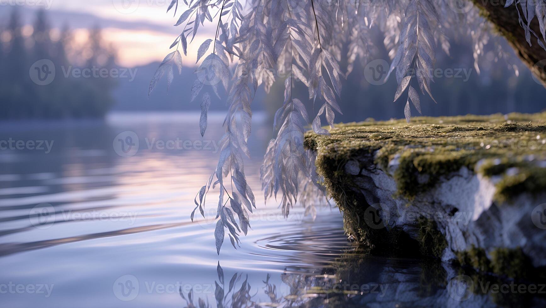Willow Branch Touching Water in Calm Lake During Gentle Sunset photo
