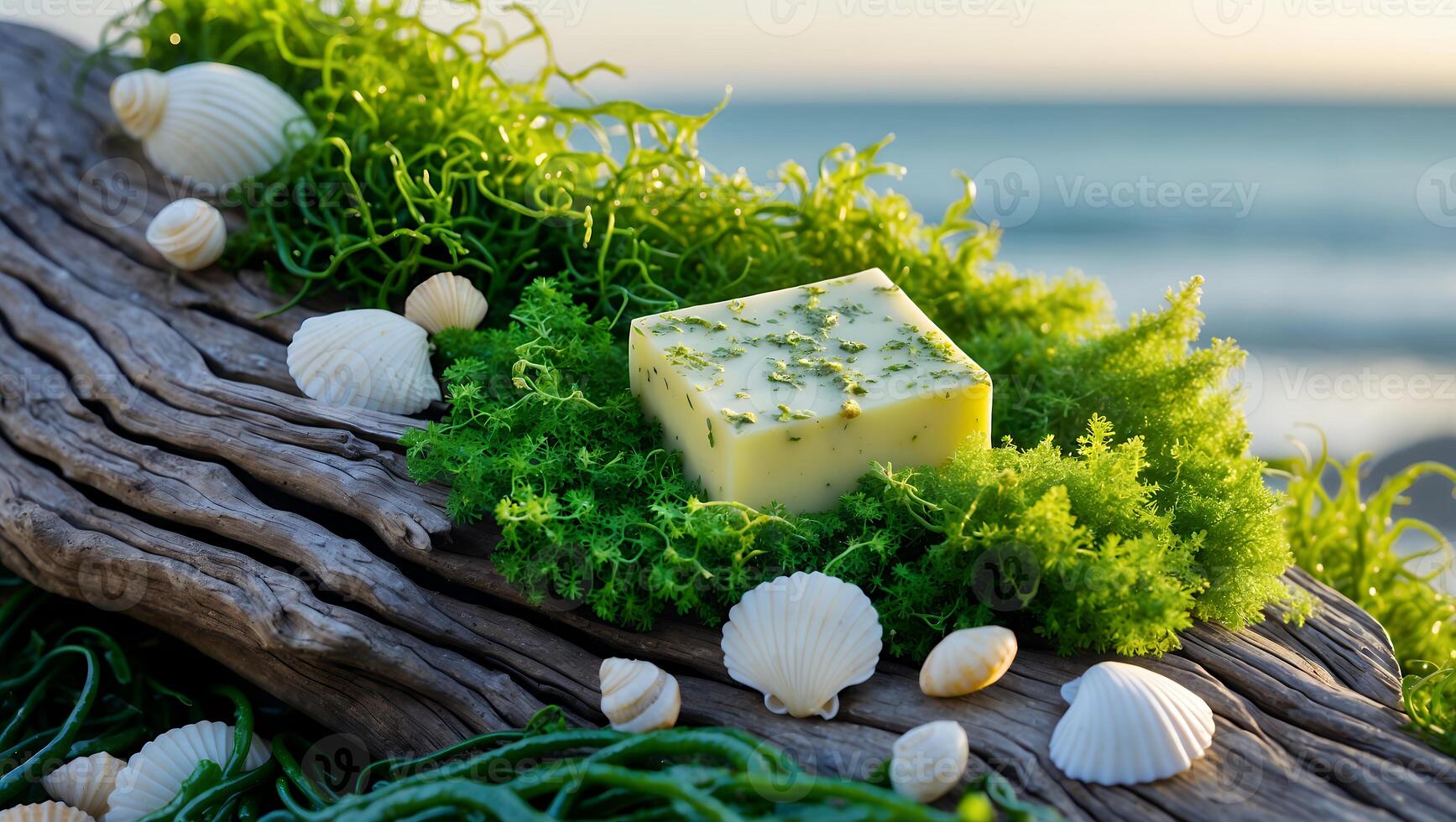 Presenting Organic Soap Bar with Natural Beach Elements on Driftwood photo
