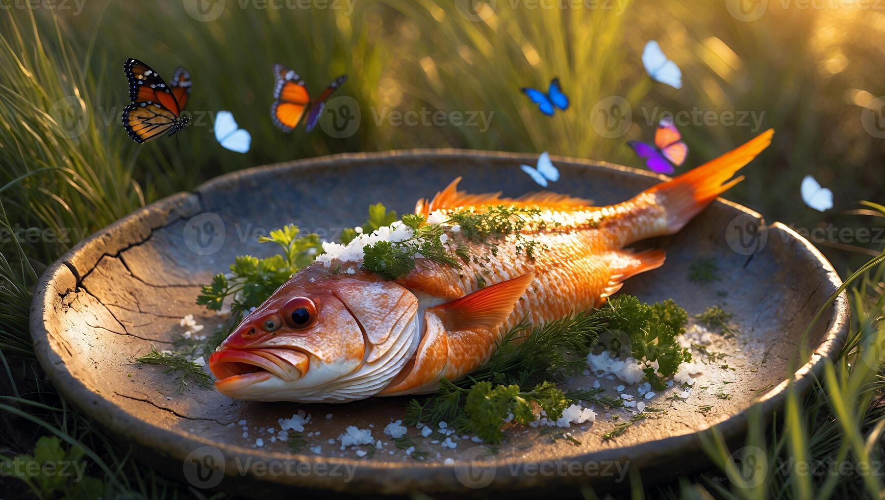Cooked Fish on Plate with Dill and Butterflies Outdoors photo