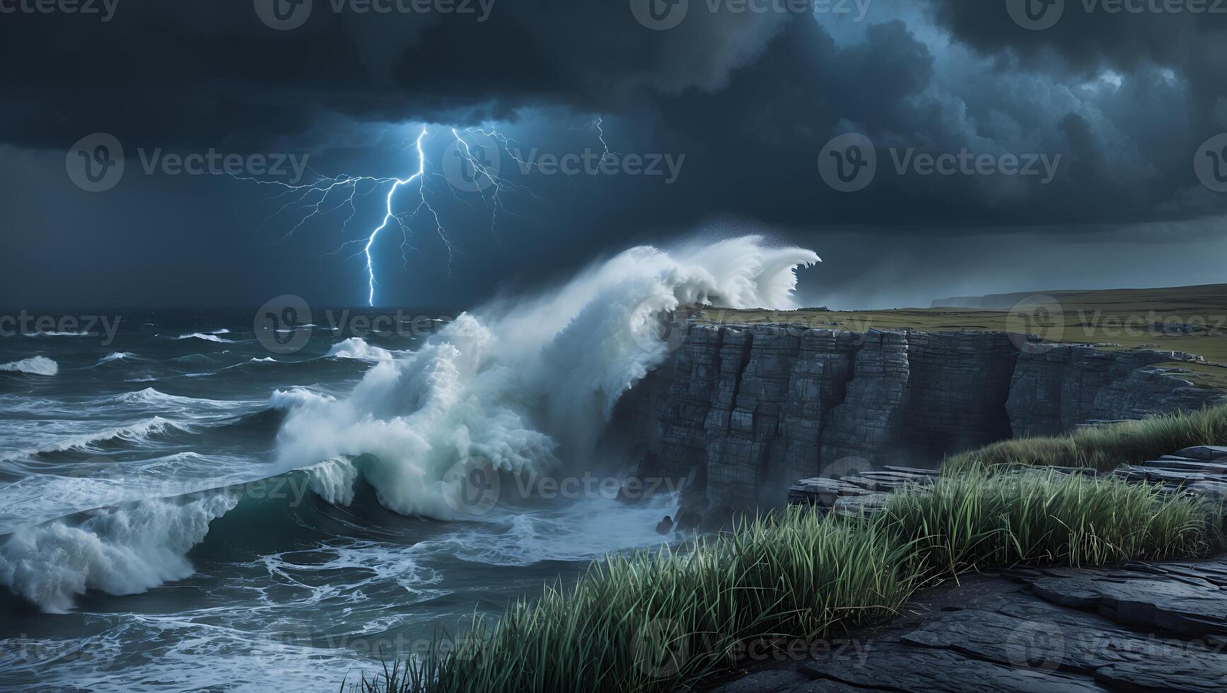 Crashing Waves During a Storm with Lightning Striking Near Cliffs photo