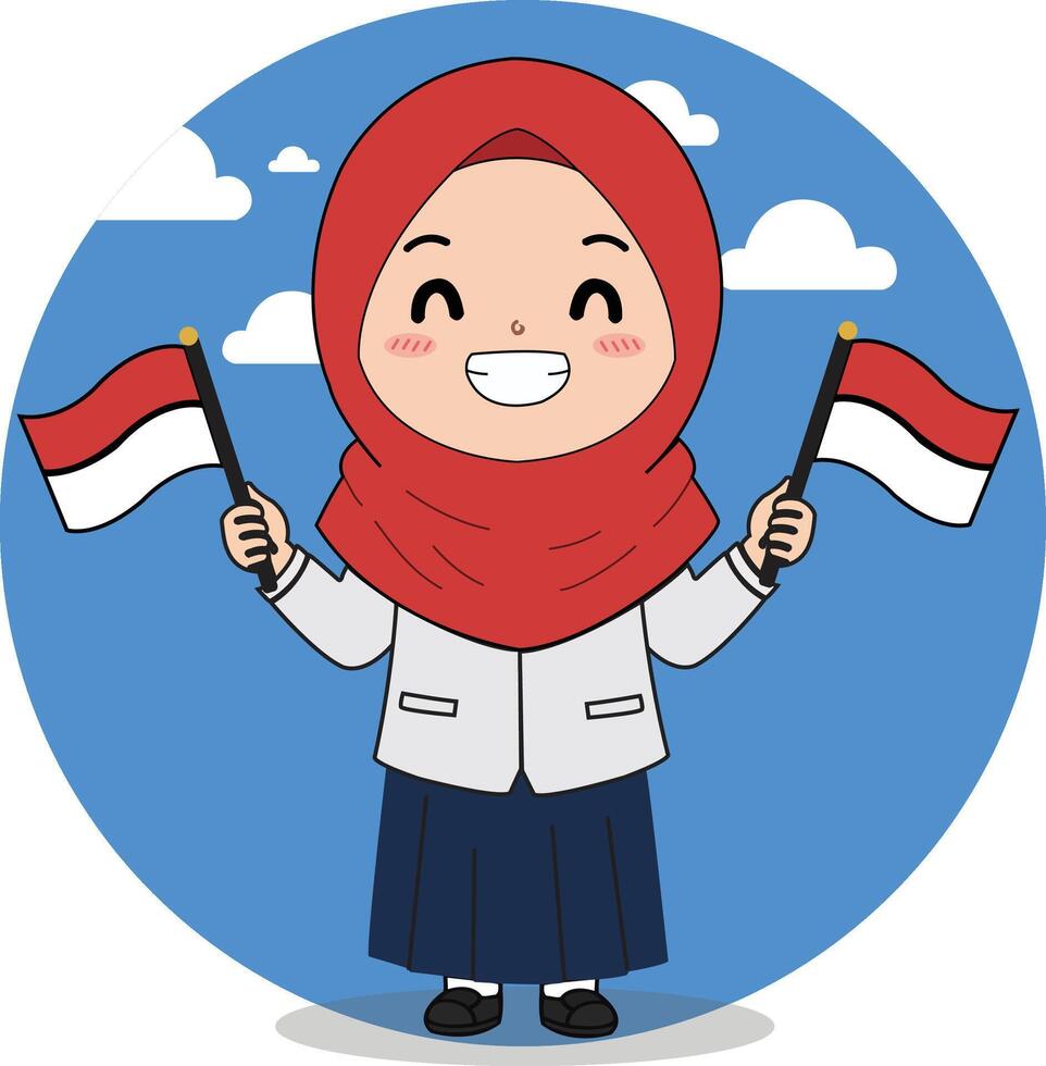 A cheerful Muslim girl in a school uniform and red hijab holding two Indonesian flags, symbolizing patriotism and joy in celebrating Independence Day. vector