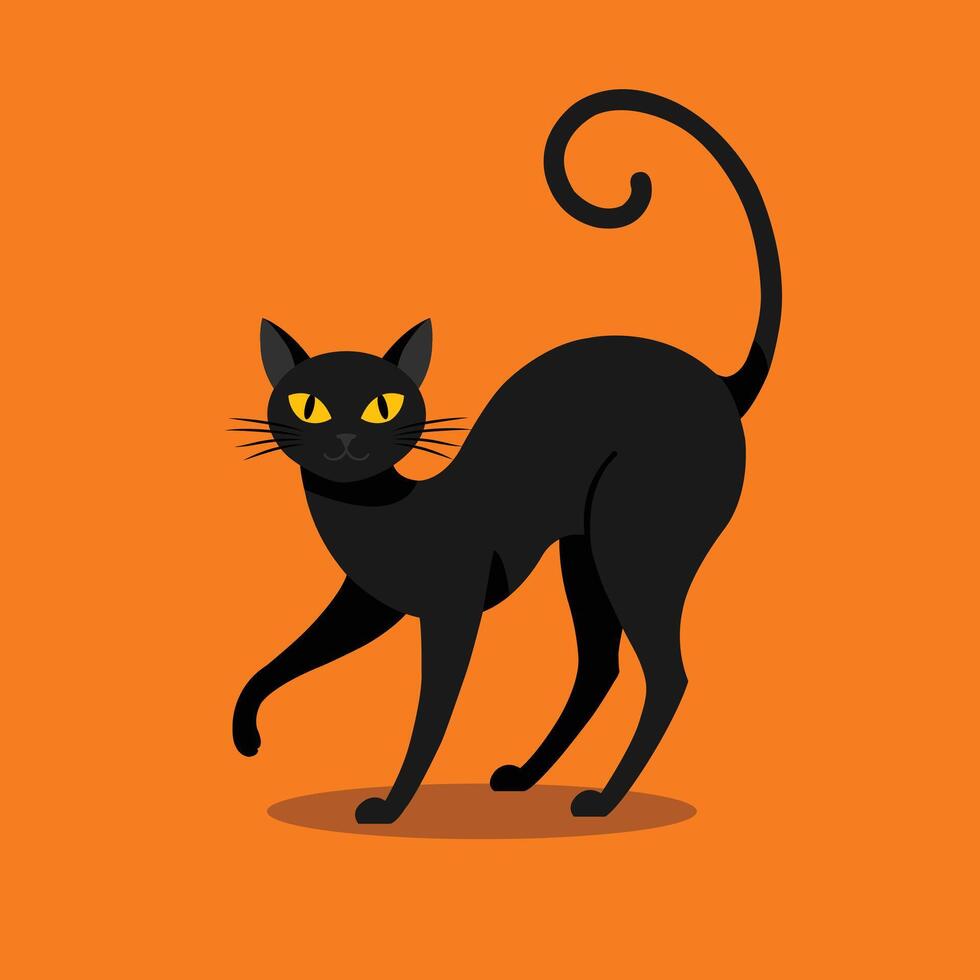 Stylized black cat with curved tail and yellow eyes, standing confidently on an orange background.ideal for seasonal greeting cards, banners, and posters vector