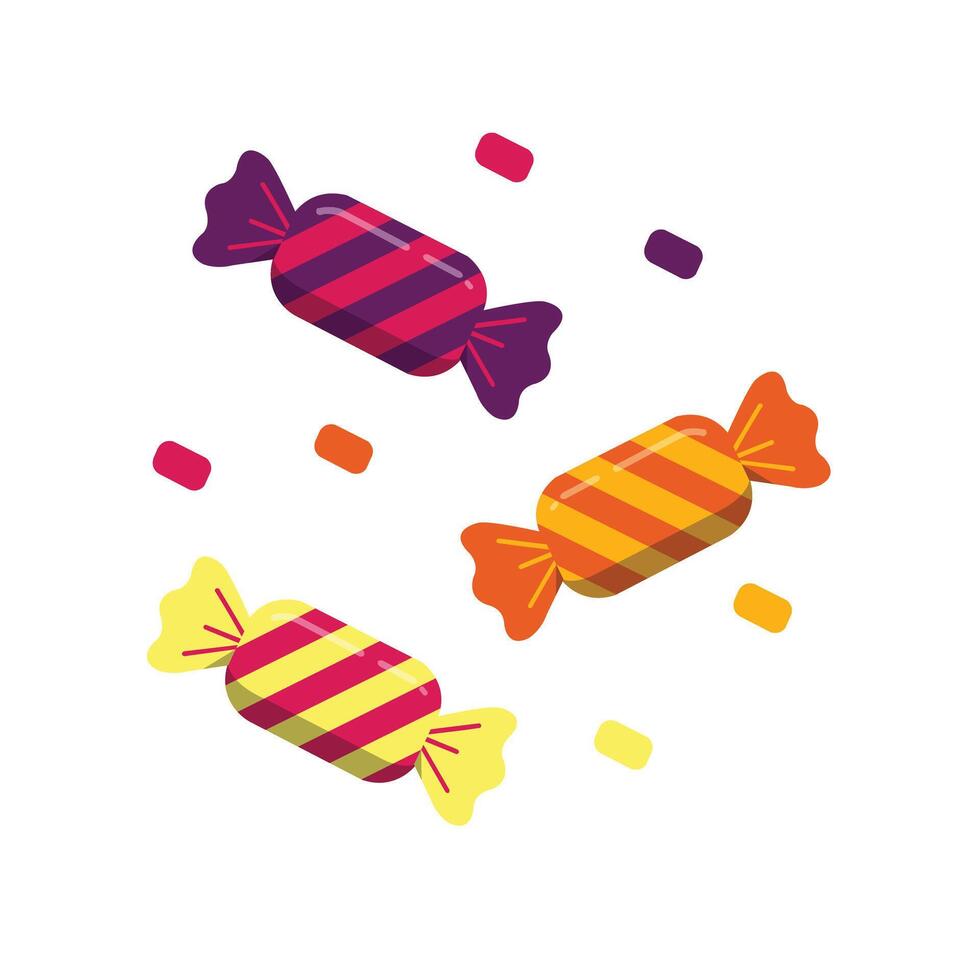 Three vibrant wrapped candies in yellow, orange, and purple with diagonal stripes, surrounded by sprinkle-like confetti on a white background. Ideal for holiday posters vector