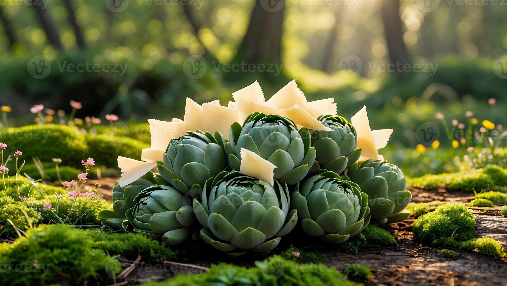 Artichoke and Pasta Presentation in Forest Setting with Bright Sunlight photo