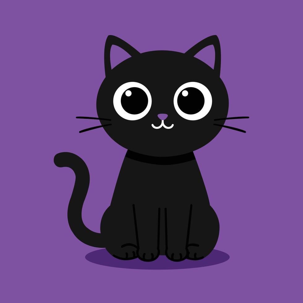 Charming cartoon-style black cat with large white eyes and a tiny purple nose, sitting on a vibrant purple background. Great for Halloween designs, pet-themed materials, kids illustrations vector