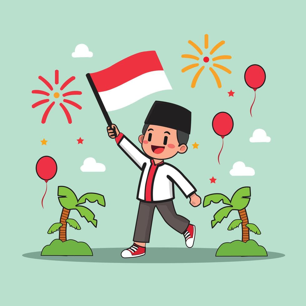 Joyful Indonesian boy waving the national flag with colorful fireworks and balloons in the background. Great for celebrating Indonesian Independence Day and national pride. vector