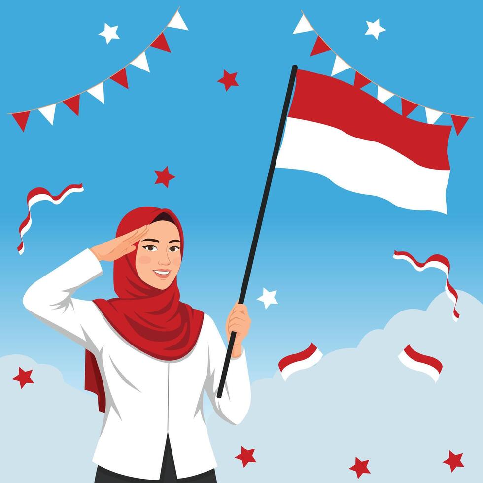 Smiling hijab girl saluting while holding the Indonesian flag. Celebrating August 17th independence with festive decorations in the background. vector