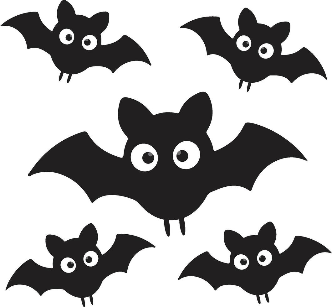 A collection of five cartoon-style bats with large eyes and spread wings, arranged in a playful flying formation. illustration is ideal for Halloween designs, spooky party invitations vector