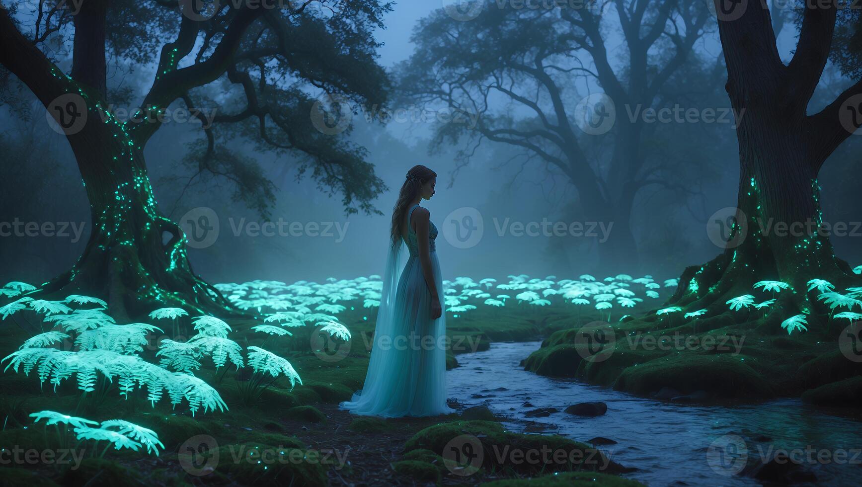 Woman in Gown Stands by Glowing Plants and Stream in Forest photo