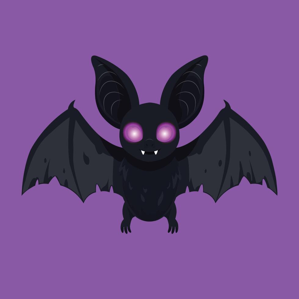 A spooky yet adorable cartoon vampire bat with glowing purple eyes, black wings, and fangs, set against a solid purple background. illustration is perfect for Halloween designs vector