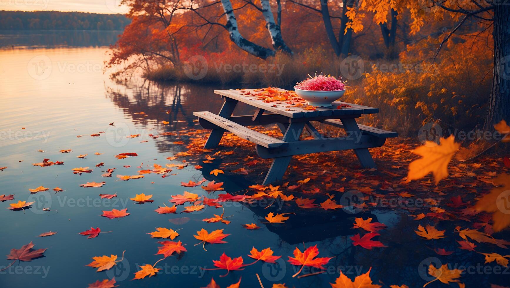 Autumn Picnic Table by Lake with Fall Leaves and Sunset photo