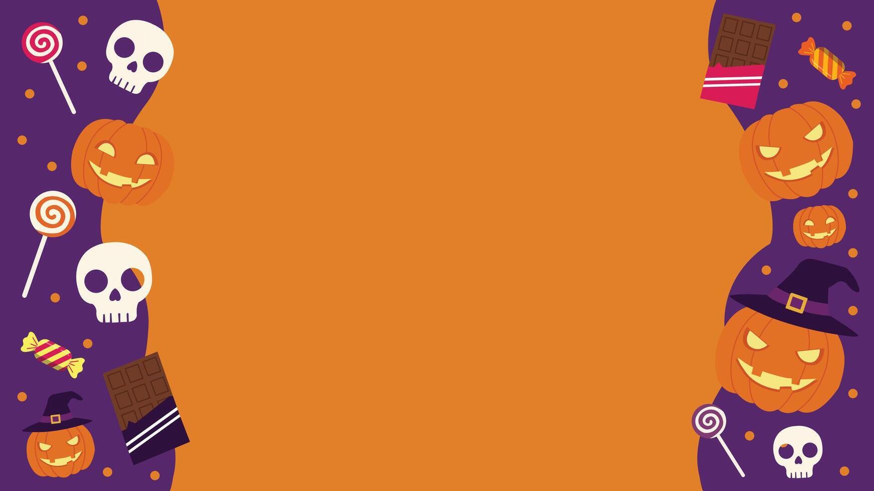 Fun Halloween-themed border frame with candy, lollipops, skulls, pumpkins, and spooky elements on orange and purple background. vector
