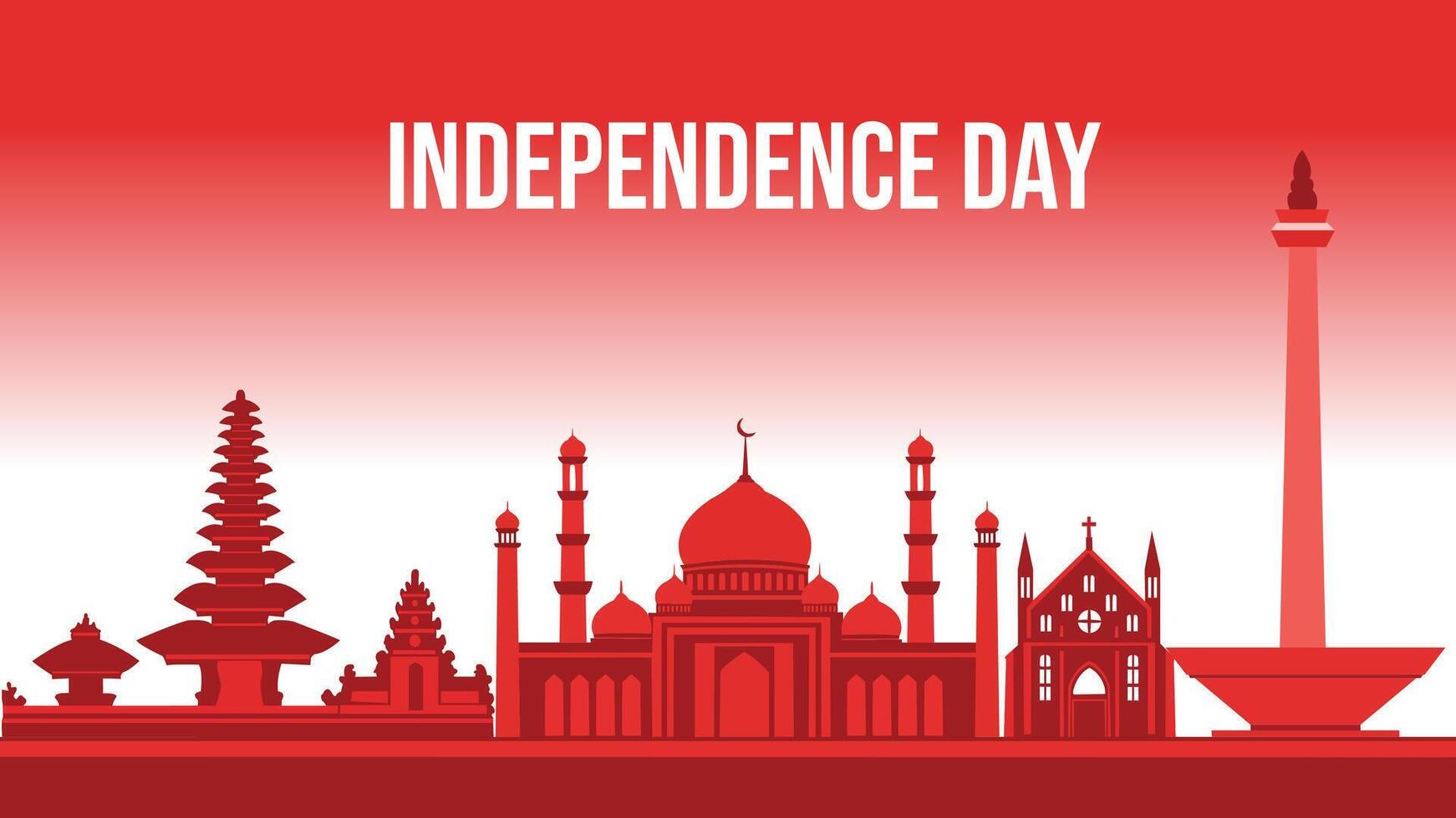 illustration of various iconic Indonesian landmarks including temples, mosques, churches, and Monas monument in a red and white gradient composition. Ideal for Independence Day celebration themes vector