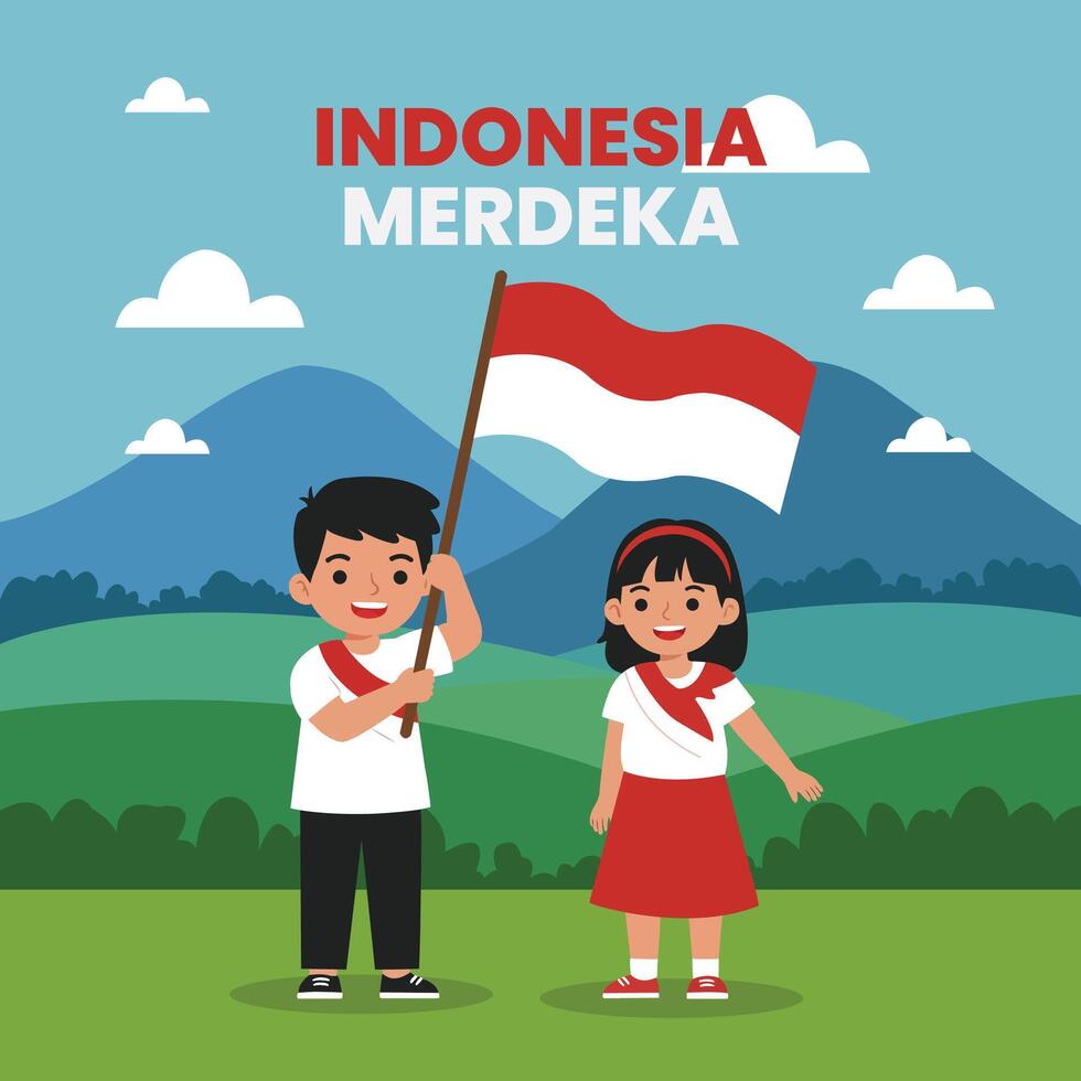 Illustration of a boy and girl in red and white waving Indonesian flags with a mountain and cloud background, symbolizing unity and independence. vector