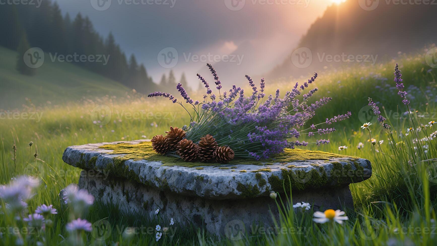 Lavender Bouquet and Pine Cones Resting on Mossy Stone Table photo