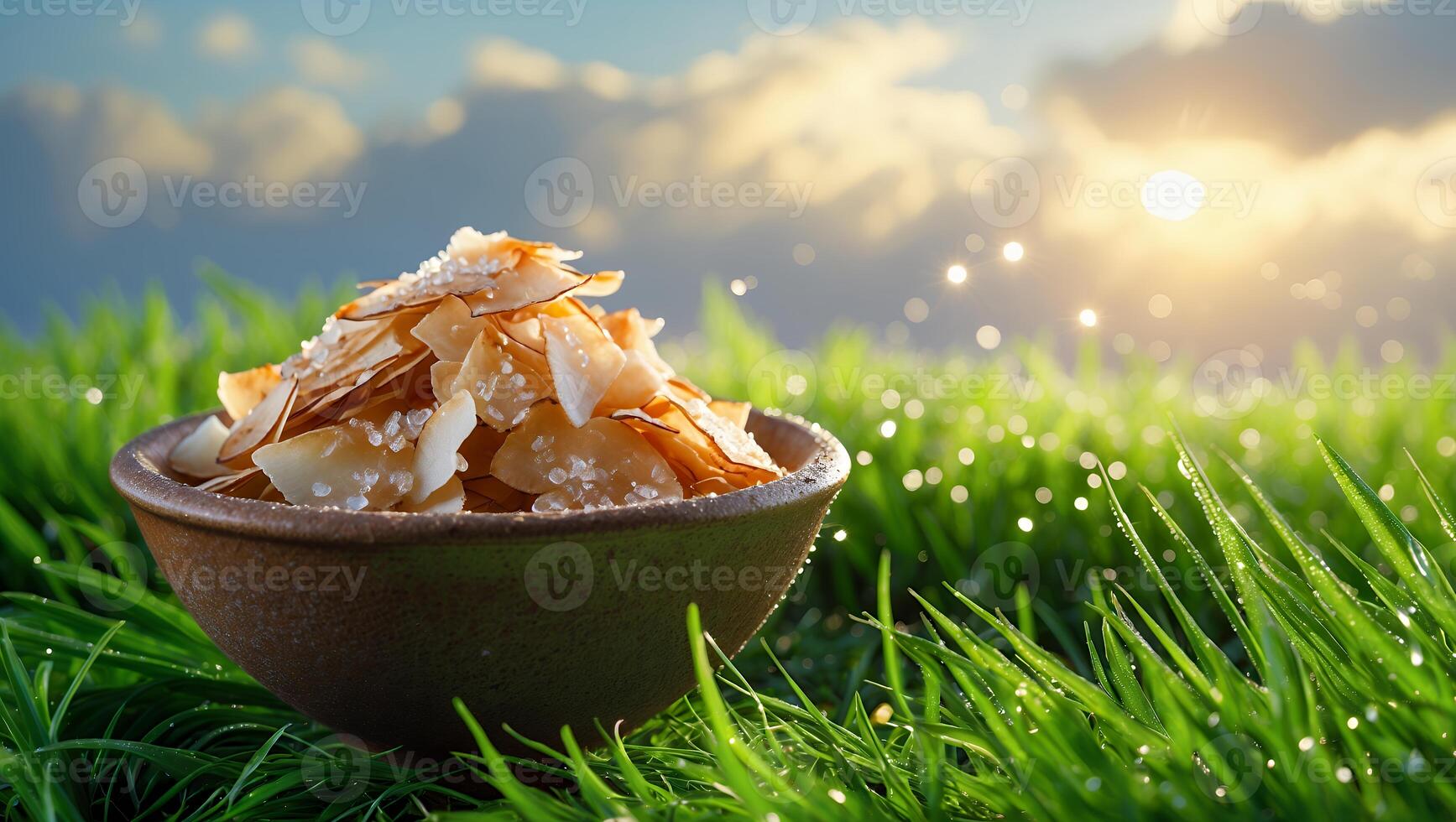 Coconut Chips in Bowl on Grass with Sky and Sunshine Backdrop photo