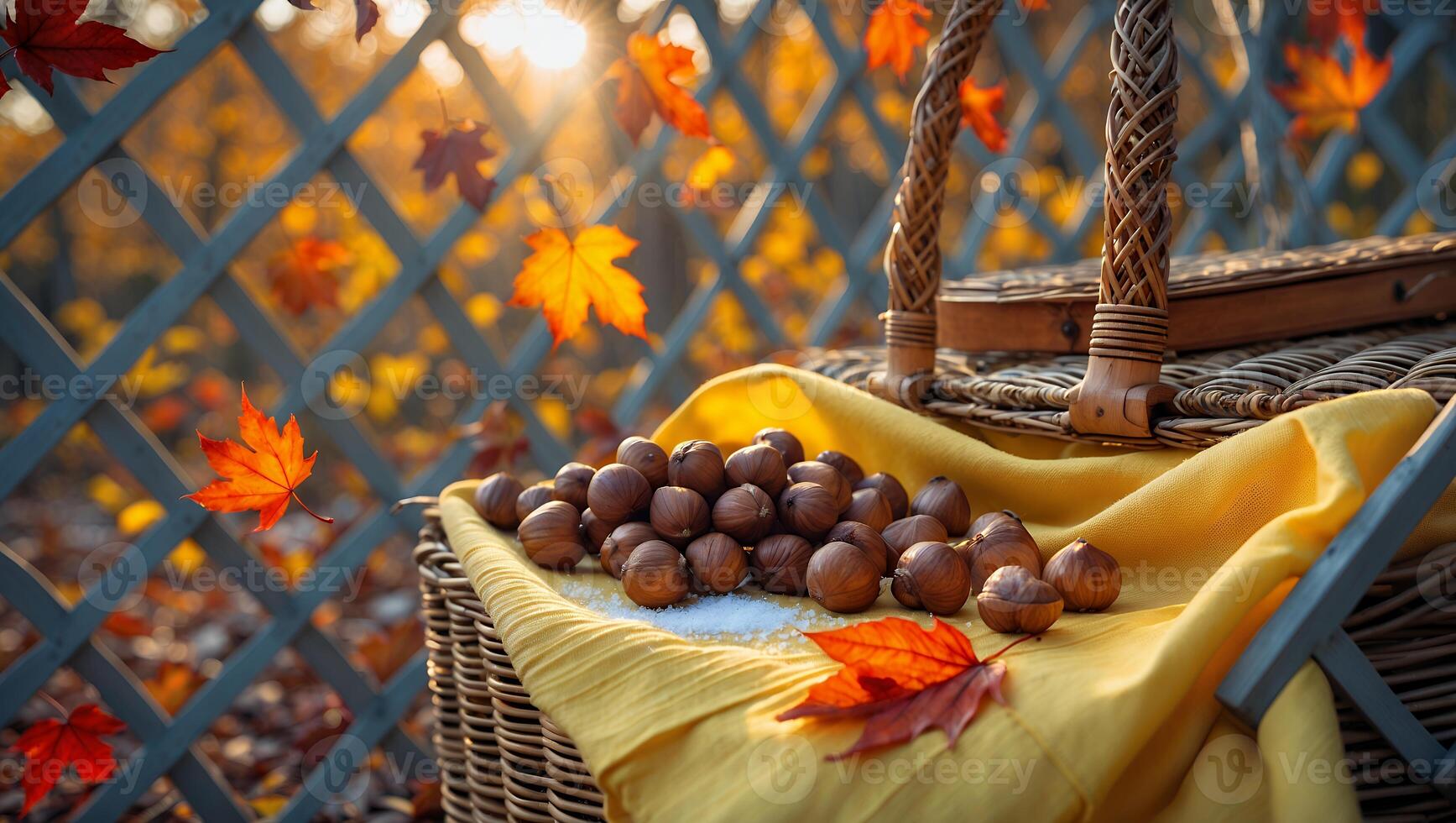 Hazelnuts and Autumn Leaves on Picnic Basket in Golden Light photo