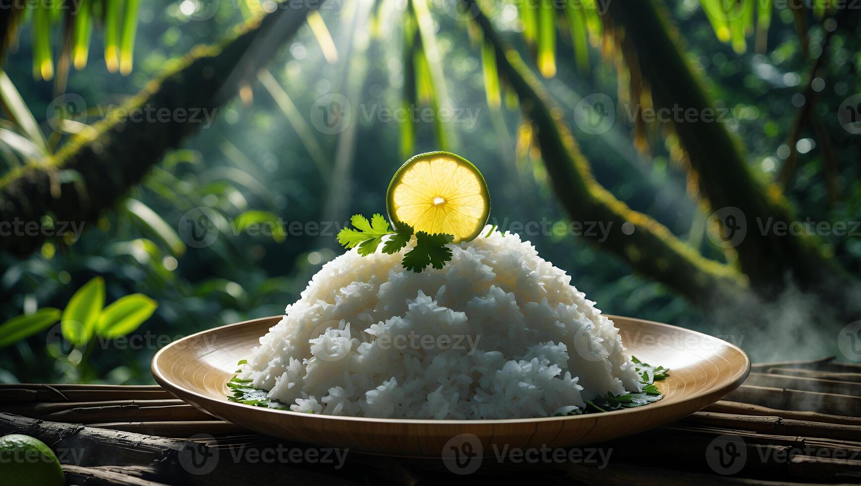 Rice Dish with Lime in a Tropical Natural Background Setting photo
