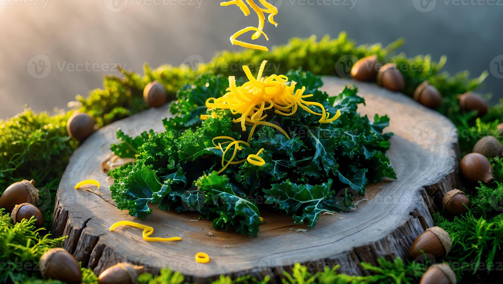 Preparing Kale Salad with Yellow Topping on a Wood Slice Outdoors photo
