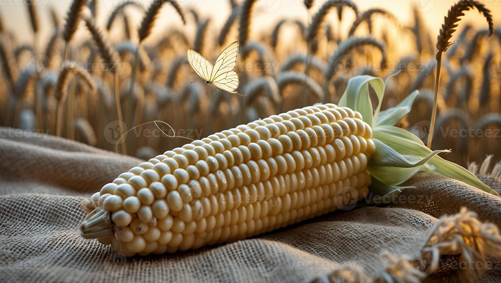 Corn Cob Resting on Burlap with Butterfly and Wheat Field photo