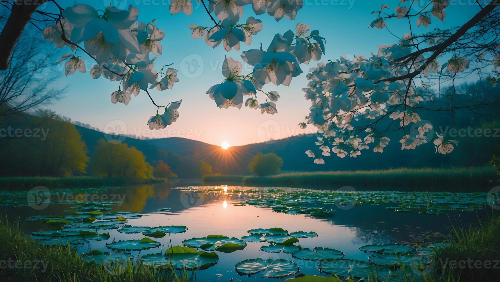 Peaceful Lake at Sunrise Framed by Blossoms and Rolling Hills photo