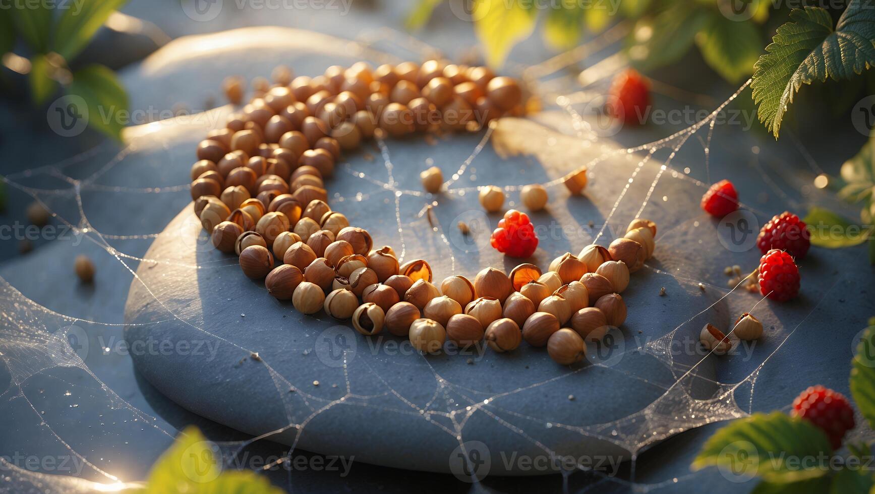 Arrangement of Dried Peas and Raspberries on Cobweb Covered Stone photo