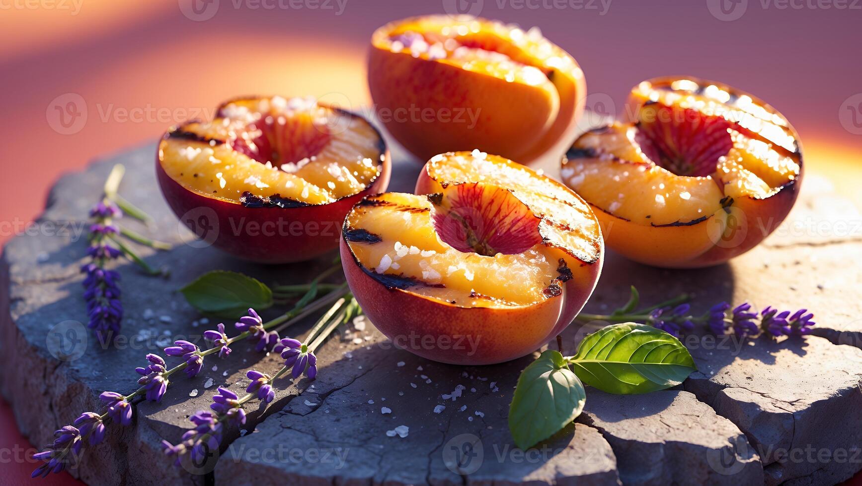 Grilled Peach Halves Topped with Salt, Served with Herbs photo