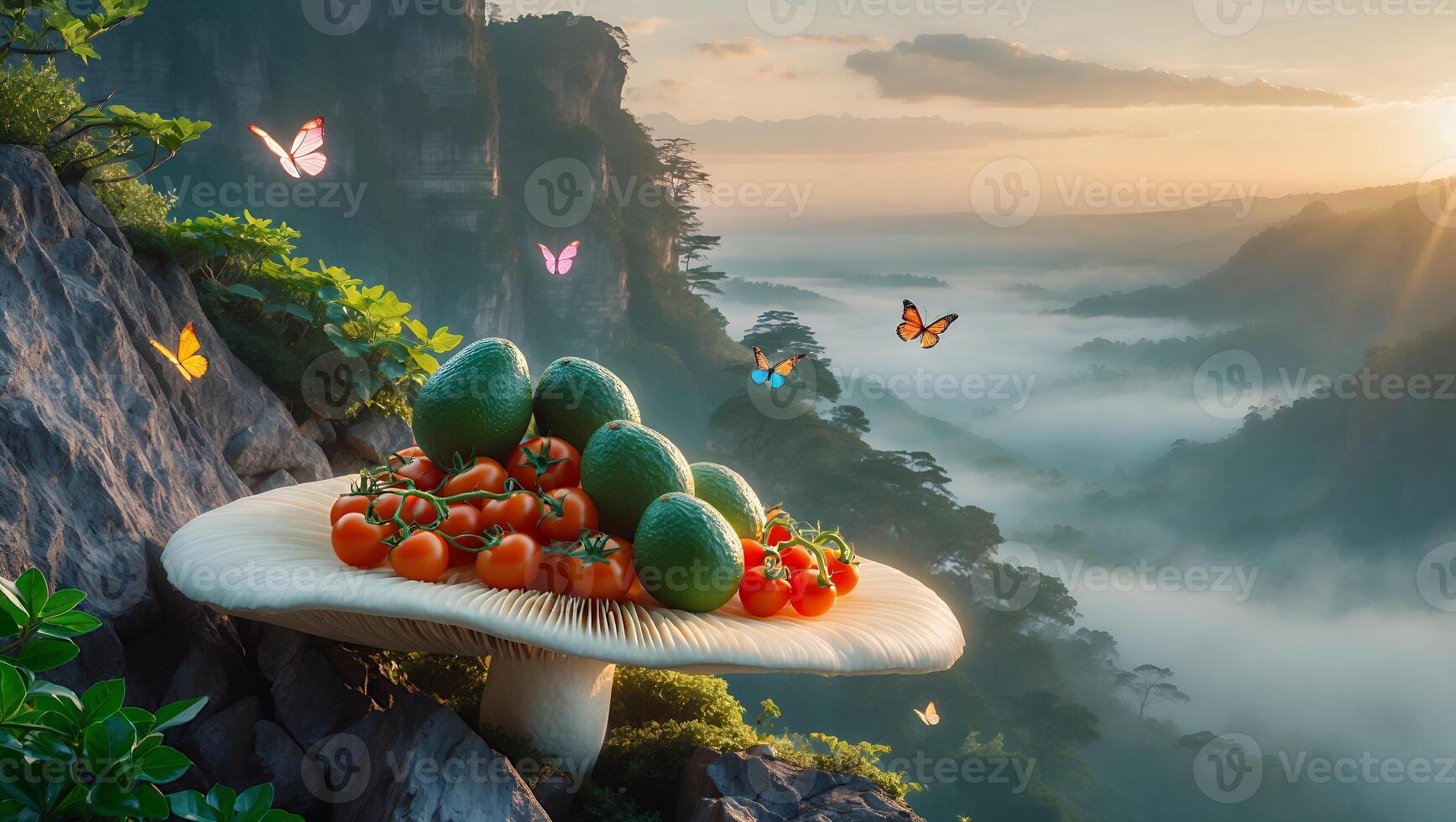 Avocados and Tomatoes on Mushroom Plateau with Misty Mountain Backdrop photo