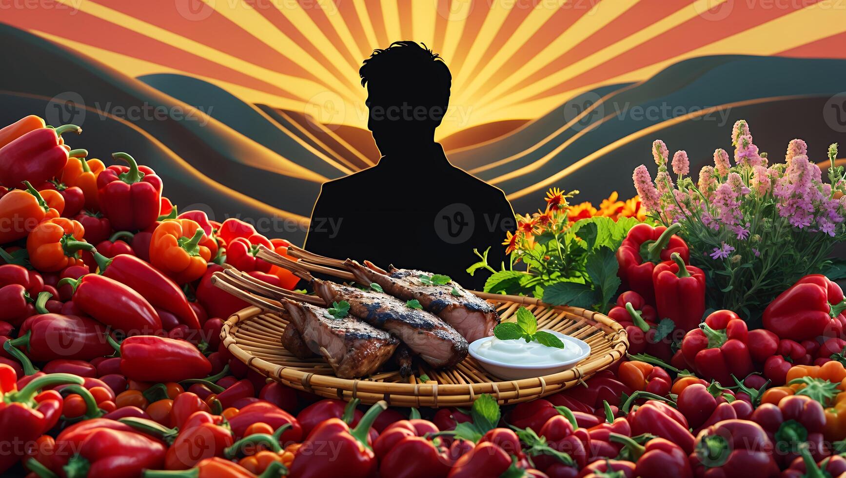 Grilled Lamb Chops on Basket Tray Surrounded by Fresh Red Peppers photo