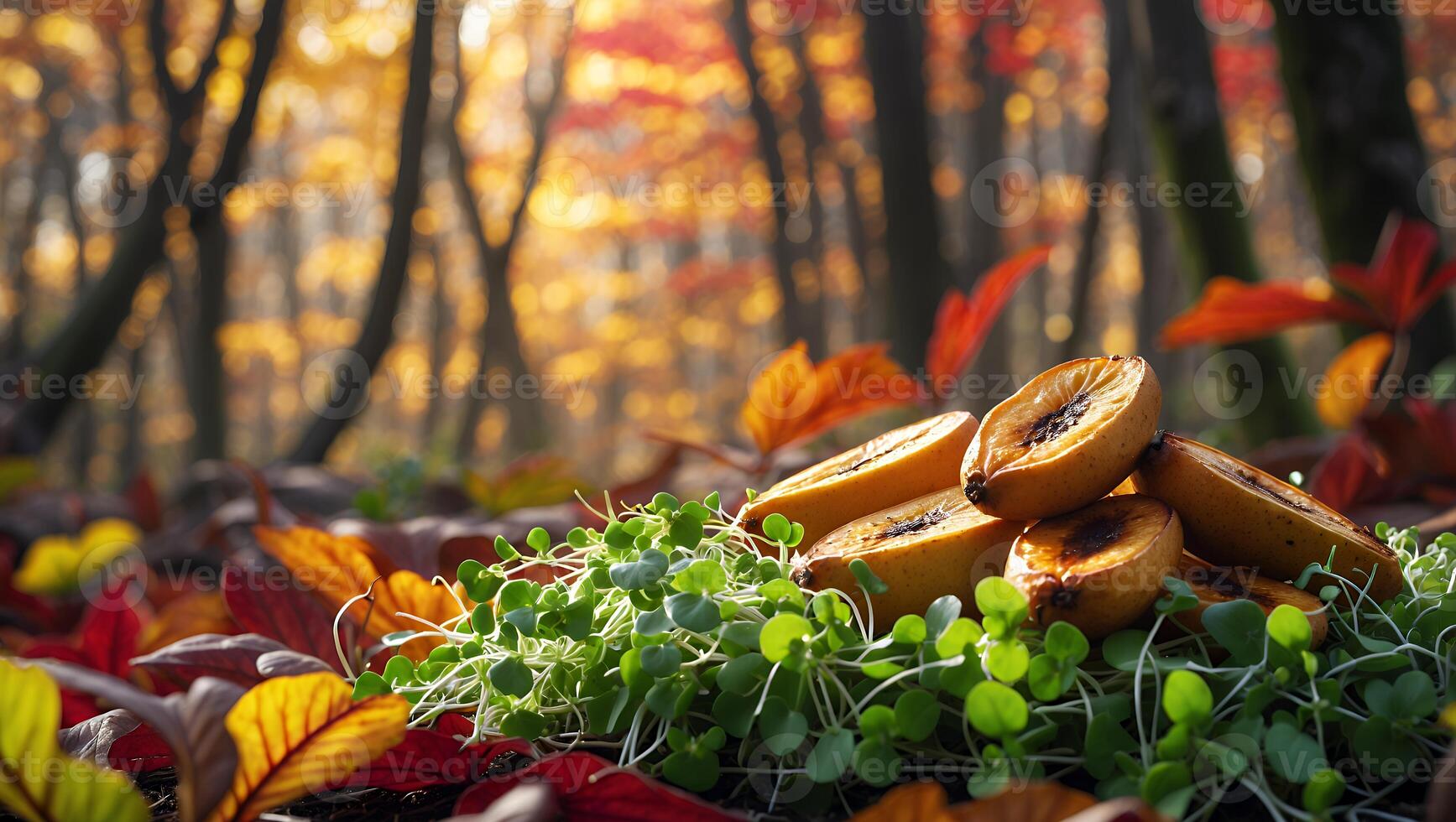 Roasted Quince with Microgreens on Fallen Leaves in Autumn Forest photo