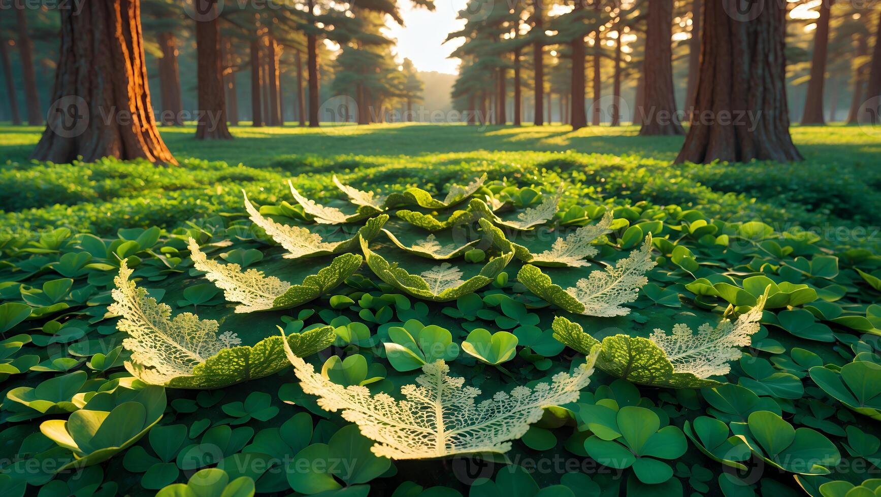 Leaf Pattern on Clover Ground in Sunlit Forest Landscape photo