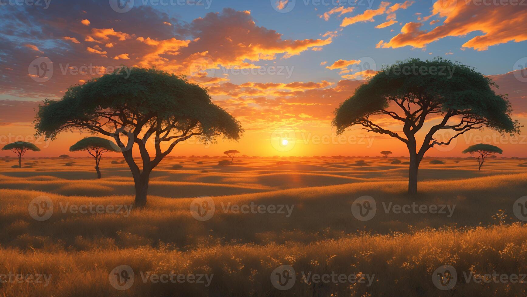 Savanna Landscape with Trees at Sunset and Golden Light photo