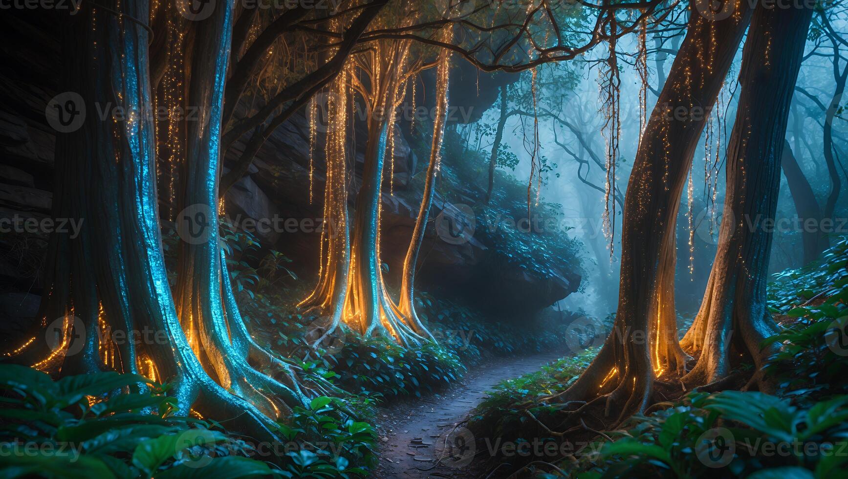 Walking Path Through Enchanted Forest with Glowing Trees and Mist photo