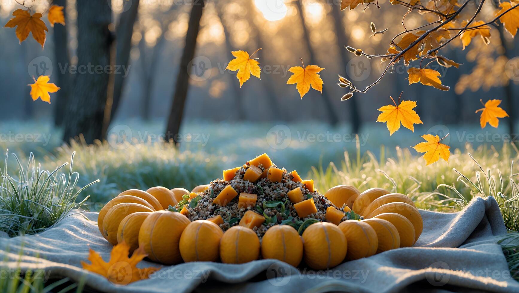 Pumpkin Food Display in Nature with Autumn Leaves Falling photo