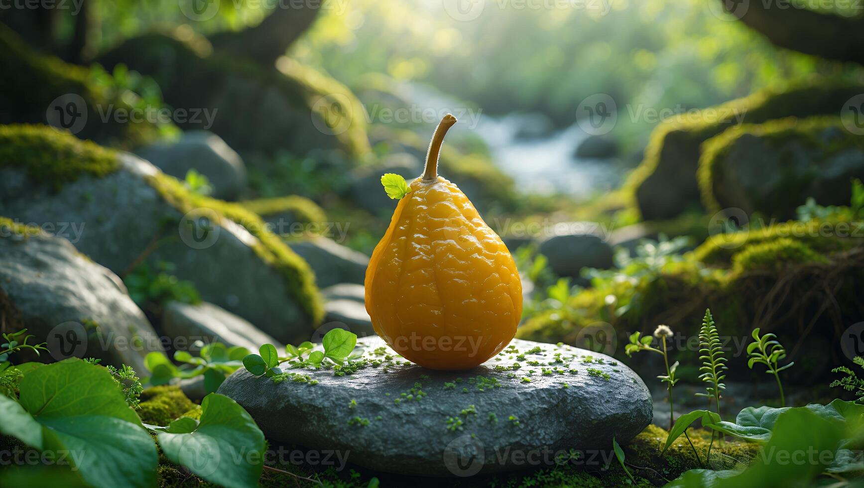 Yellow Pear on Stone with Moss Surrounded by Forest Scene photo