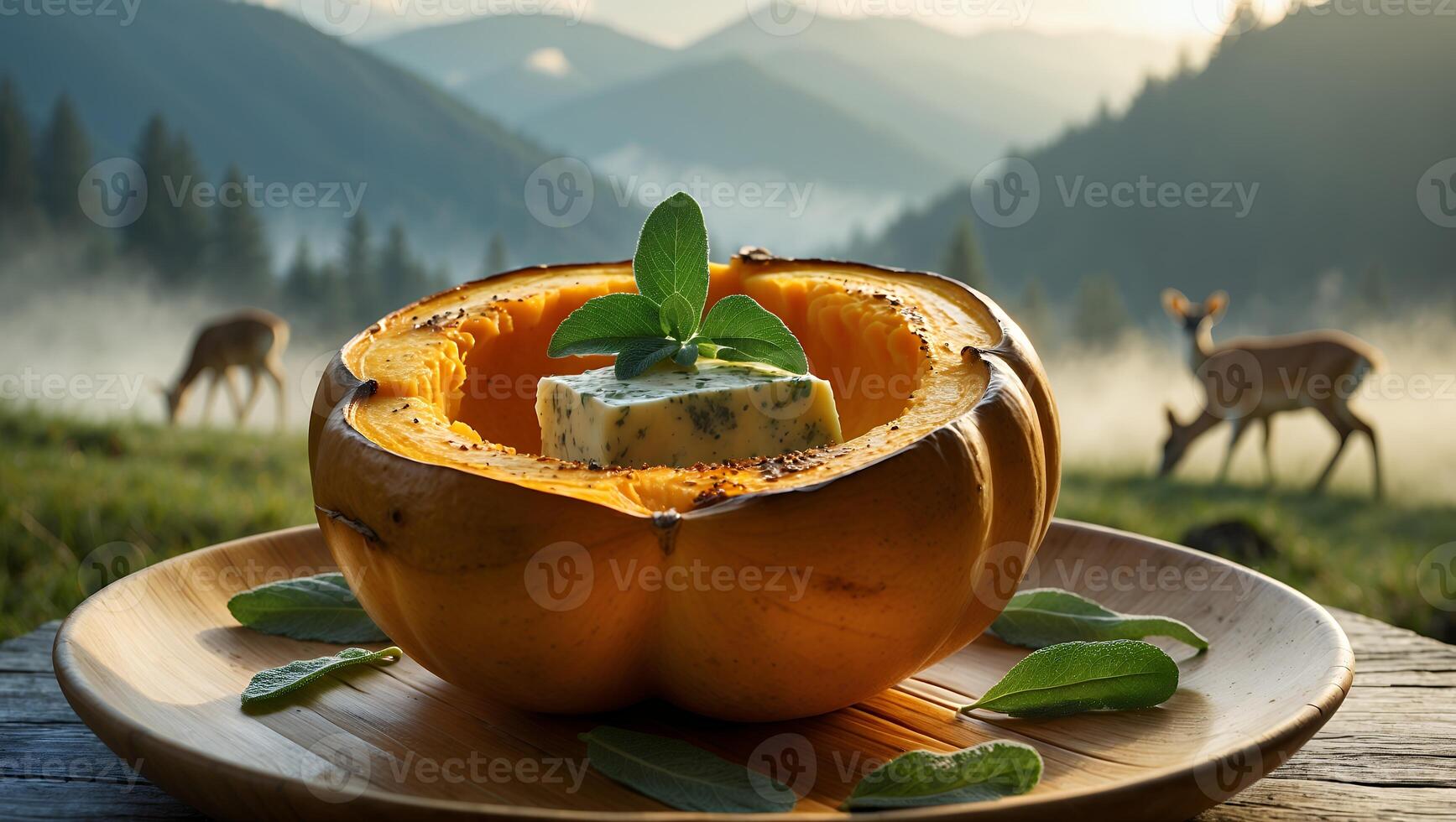 Pumpkin with Filling and Sage in Mountain Meadow Setting photo