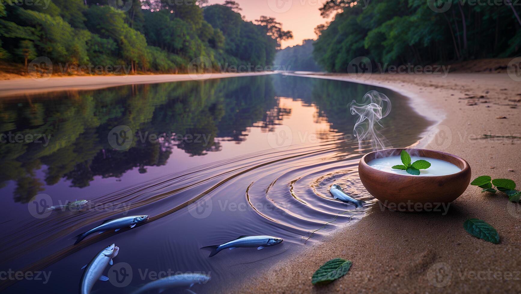 Wooden Bowl with Mint by Water, Fish Swimming, Reflective Scene photo